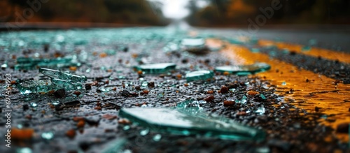 Road littered with shattered glass after crash.