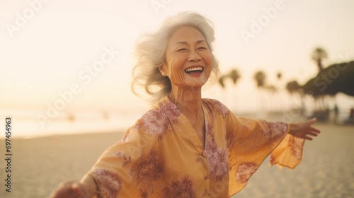 Photorealistic Old Chinese Woman with Blond Straight Hair Illustration. Happy smiling person dancing on the beach. LA summer style Ai Generated Horizontal Illustration.