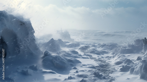 Blizzard over an ocean inlet a fierce blizzard © Lalaland