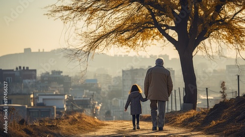 Interwoven Moments: A Grandfather and Granddaughter Stroll Beneath the Trees, Nurturing Bonds and Creating Timeless Memories, the essence of shared moments, love, and the passing down of values  photo