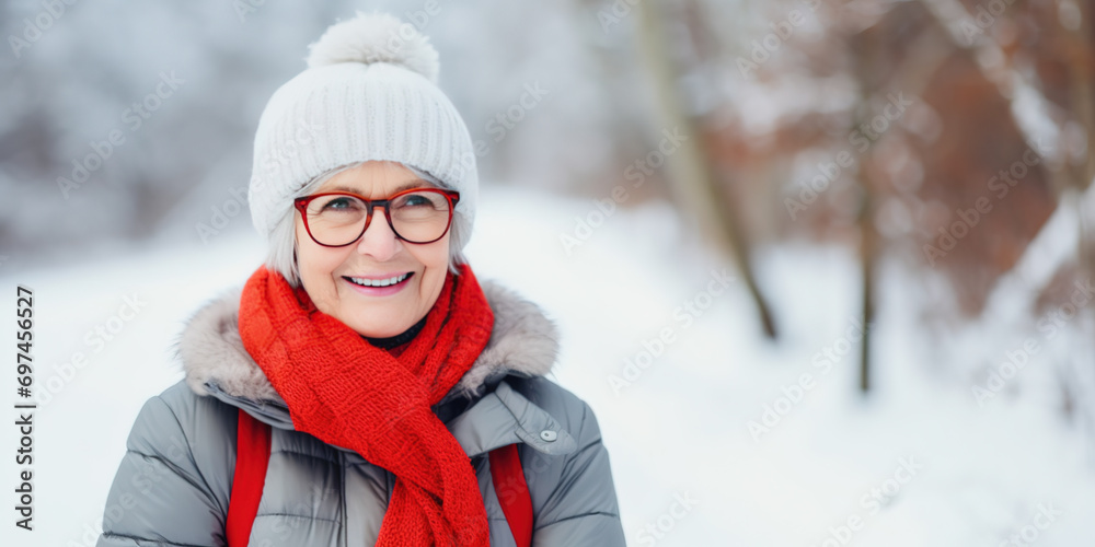 Obraz premium Happy elderly lady in winter park with copy space