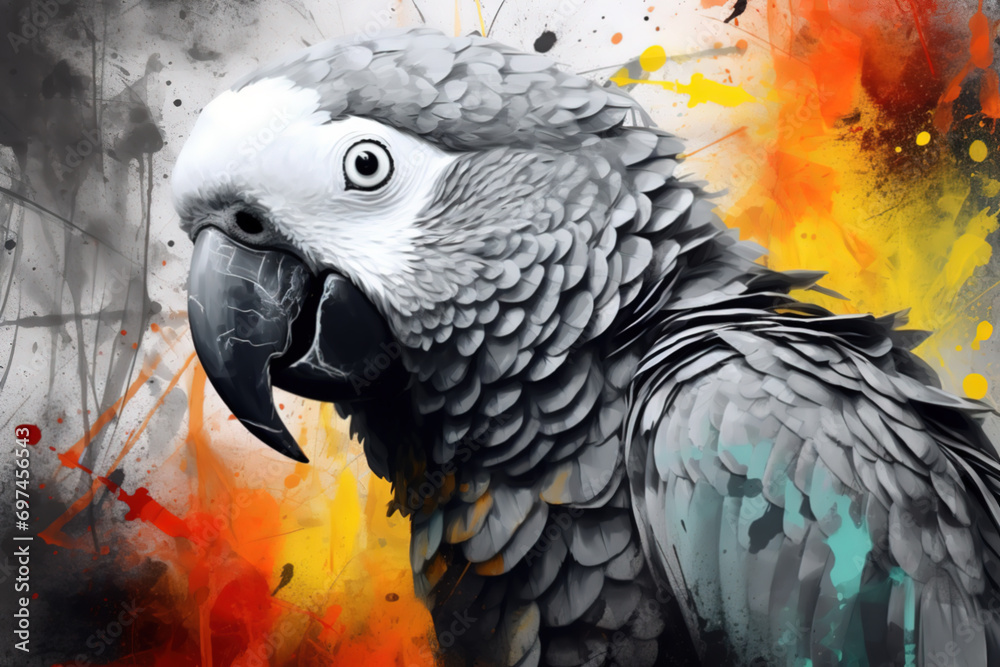 Fototapeta premium Portrait of a parrot, grayscale with splashes that reveal vibrant colors