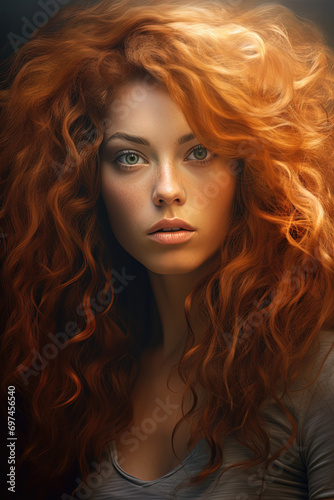 A portrait of a beautiful young woman with incredible red hair, lit by warm, natural light
