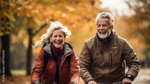 older couple riding the bicycle in an autumn park  