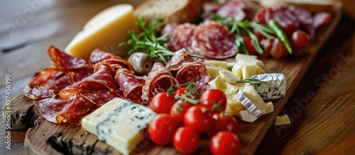 Assorted Italian cured meats and cheese platter. photo