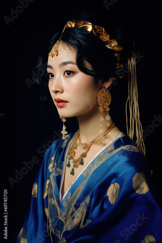 Portrait of a beautiful asian woman in traditional costume with lots of blue and gold