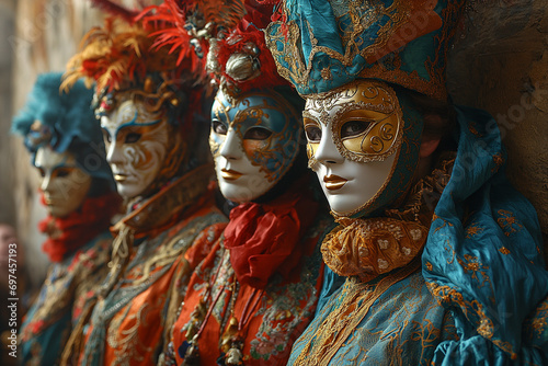 People in Italian Carnival Costume with Mask and Colorful and Party Dresses, Dazzling the Spectators with a Carnival of Hues and Mysterious Splendor