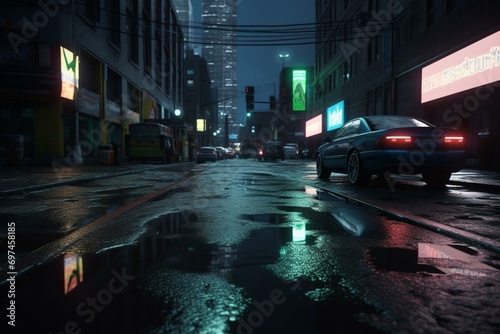 3D rendered urban scene with wet asphalt, neon lights, and dark background. Generative AI