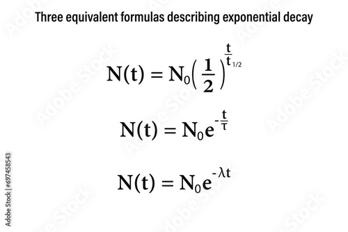 Three equivalent formulas describing exponential decay on the white background. Education. Science. School. Vector illustration. photo