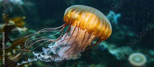 The phyllorhiza punctata is an Australian jellyfish that can grow up to 20 inches in diameter in aquarium water. photo