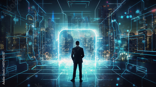 a man standing in front of a doorway in a futuristic city