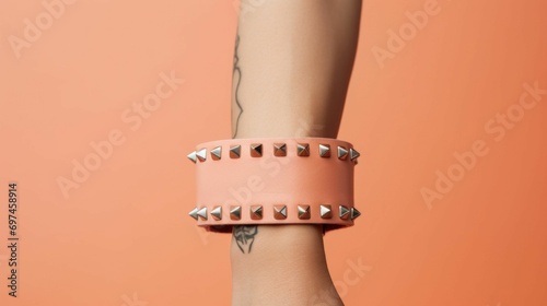 Minimalistic view of a punk rock accessory, a Peach Fuzz colored bandana tied around a studded leather wrist cuff.