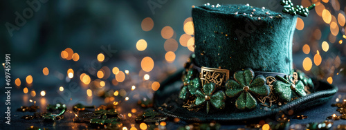 A St. Patrick's Day celebration captured with a classic green top hat surrounded by sparkling lights and clover leaves, embodying the holiday's charm. photo