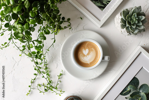 Close-up and top view of white empty frame mock-ups on an isolated white background, with a cup of coffee and plants, flat lay... photo