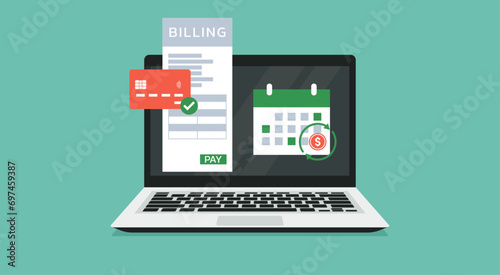 Subscription Billing on Laptop, Automate Recurring Payments for Business Success, Vector Flat Illustration Design