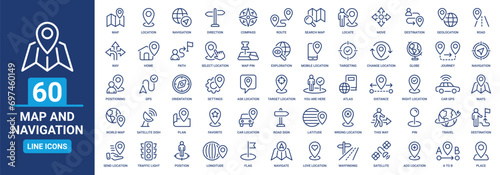Map and navigation icon set. Containing location, navigation, direction, GPS, flag, destination, route, road and more. Vector outline icons collection.