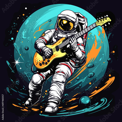 An astronaut plays guitar for fun illustration