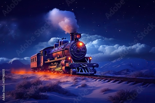 Historic steam locomotive. Old vintage black train ride in the snowy forest in north pole. Fairy tale winter landscape. Retro aesthetic. Christmas and New Year concept. Design for banner, card, poster
