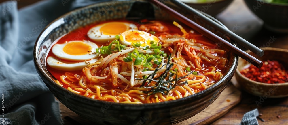 Asian-style Korean ramen noodles with pork in kimchi broth Asian-style Korean ramen noodles with pork in kimchi broth