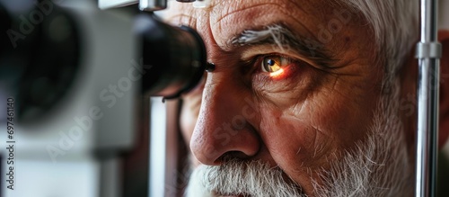 Senior male patient having vision examination to prevent myopia and treat cataract with modern equipment, in a close-up photo.