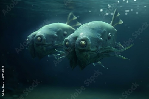 Ugly alien fishes swimming underwater in murky water. Generative AI