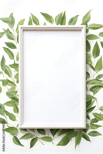 Close-up and top view of a empty frame in the style of neutral colors, and greenery leaves pattern at the back with white background.
