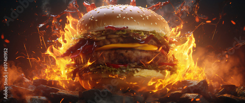 A hamburger engulfed in flames. This high-energy and attention-grabbing image is perfect for illustrating spiciness, hot and fiery food, bold flavors, or a burger on fire concept.