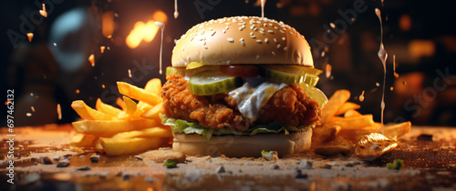 araffe chicken sandwich with fries and sauce on a table photo