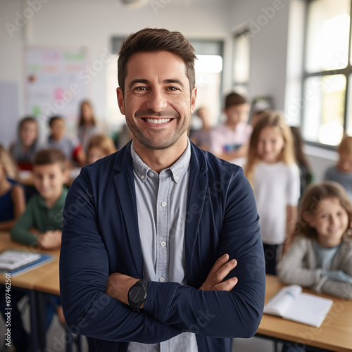 Male teacher smiling in front of his students in a school classroom 