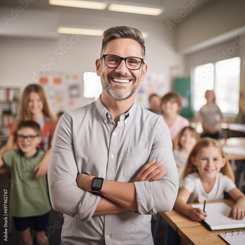 Male teacher smiling in front of his students in a school classroom 