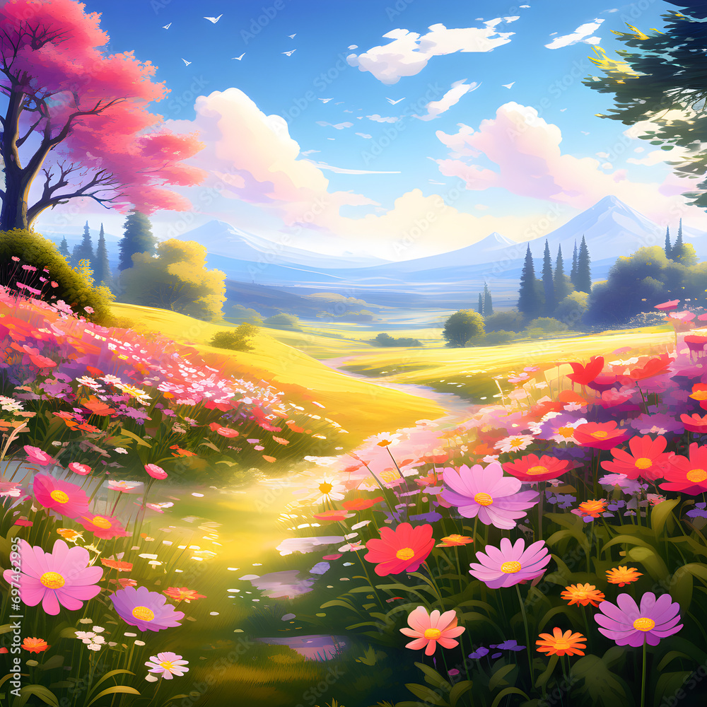 landscape with flowers and rainbow