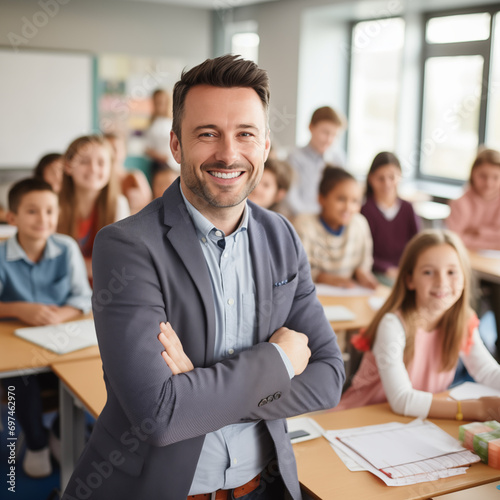 Male teacher smiling in front of his students in a school classroom 