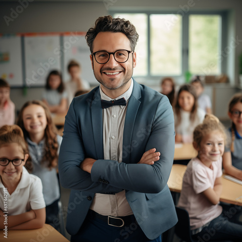 Male teacher smiling in front of his students in a school classroom 