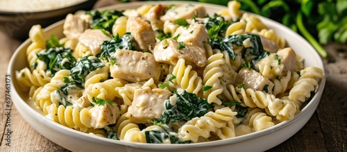 Close-up low angle view of homemade chicken spinach Alfredo rotini pasta in a bowl.