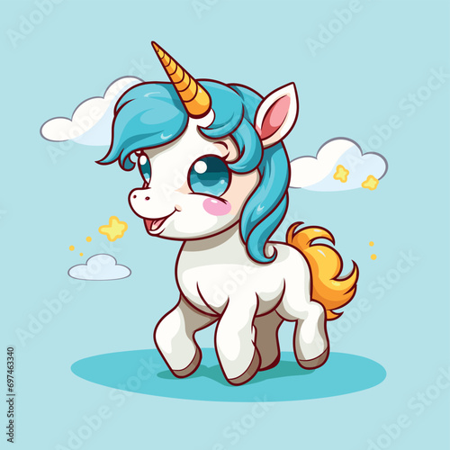 Cute cartoon cartoon with smiling horn between clouds and stars, vector illustration icon isolated  © santiago