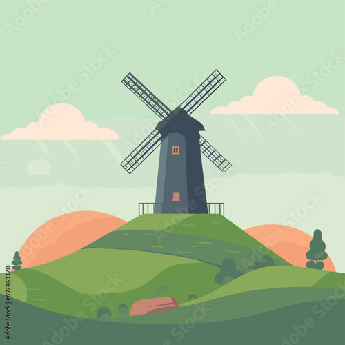 Vector illustration old windmill on the top of a hill photo