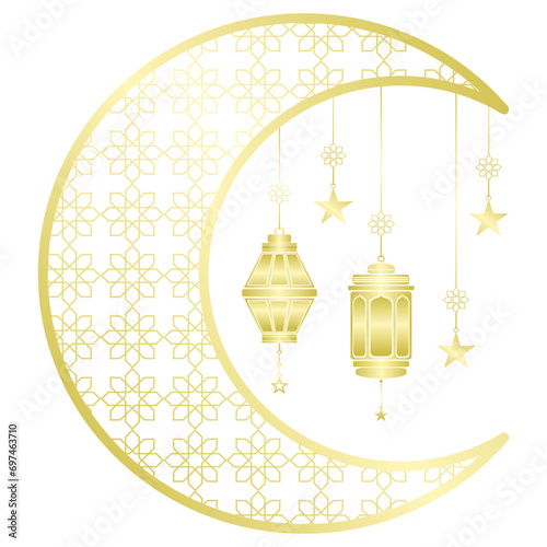 golden islamic lantern and moon, ramadan decoration vector eps