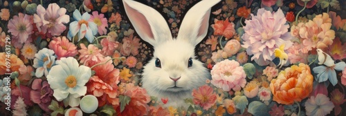 painting of a white rabbit with flowers, generative AI photo