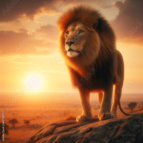 un león parado sobre una roca en medio de una zona desértica con montañas al fondo y una puesta de sol al fondo con nubes y sol brillando en el horizonte