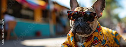 Stylish French bulldog in reflective sunglasses and a Hawaiian shirt enjoys a sunny carnival day.

