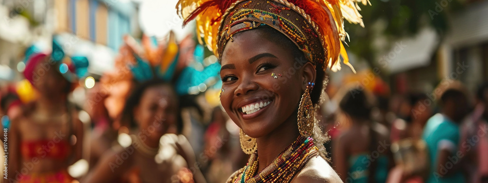 Smiling African woman in a bright head wrap enjoys a festive celebration, surrounded by colors and joy.
Smiling African woman in a bright head wrap enjoys a festive celebration, surrounded by colors and joy.