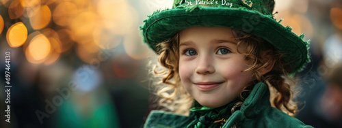 Child in a green hat with a joyful smile celebrates St. Patrick's Day, festivity in the air. 