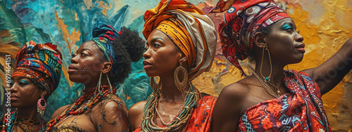 Portrait of African women in traditional head wraps, their profiles against a vibrant abstract background. 