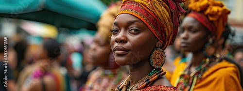 Focused shot of a woman in an African market, surrounded by others in colorful traditional clothing. 