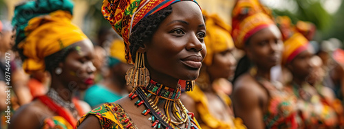 Candid portrait of African women in traditional outfits during a cultural festival. 
