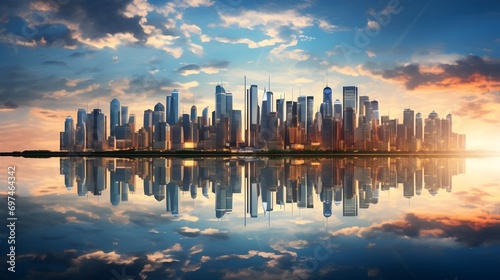 Reflections of a city skyline shimmering on a calm river