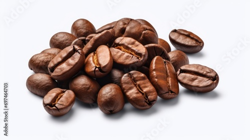 A Close-up view of coffee beans on a white isolated transparent background.
