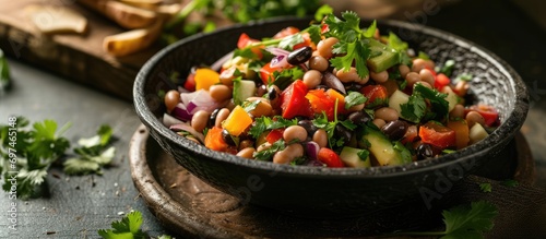 Black-Eyed Pea Salad with vegetables and cilantro in a black bowl.