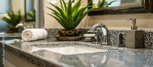 Modern bathroom sink with granite countertop, mirror, and potted green plant in closeup.