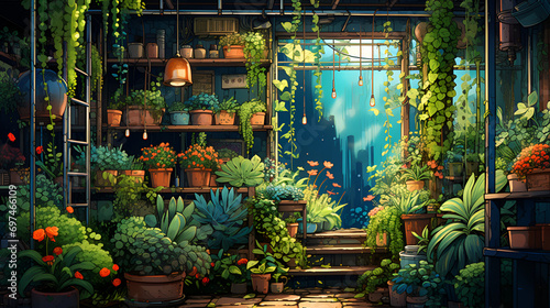 lofi plant garden, anime style